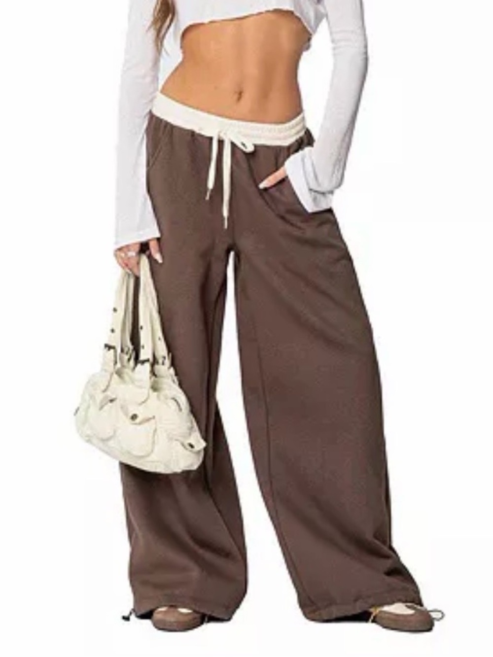 Edikted Wide Leg Drawstring Sweatpants in Brown with Cream Waistband L